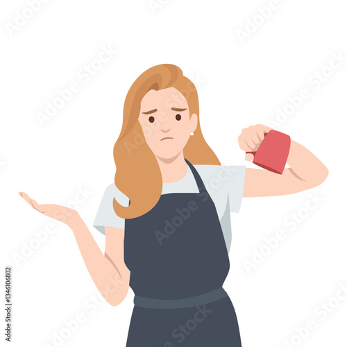 Barista with a disappointed expression holds an empty red cup, unsure of what to do next. Flat vector illustration isolated on white background