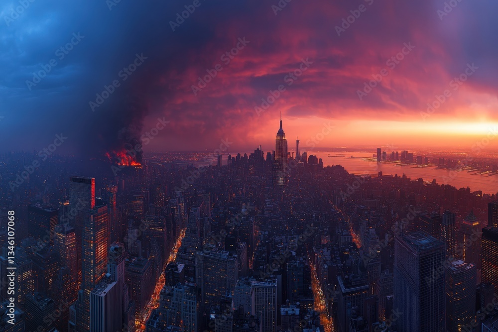 Fototapeta premium Aerial view of a city at night with sunset in the background