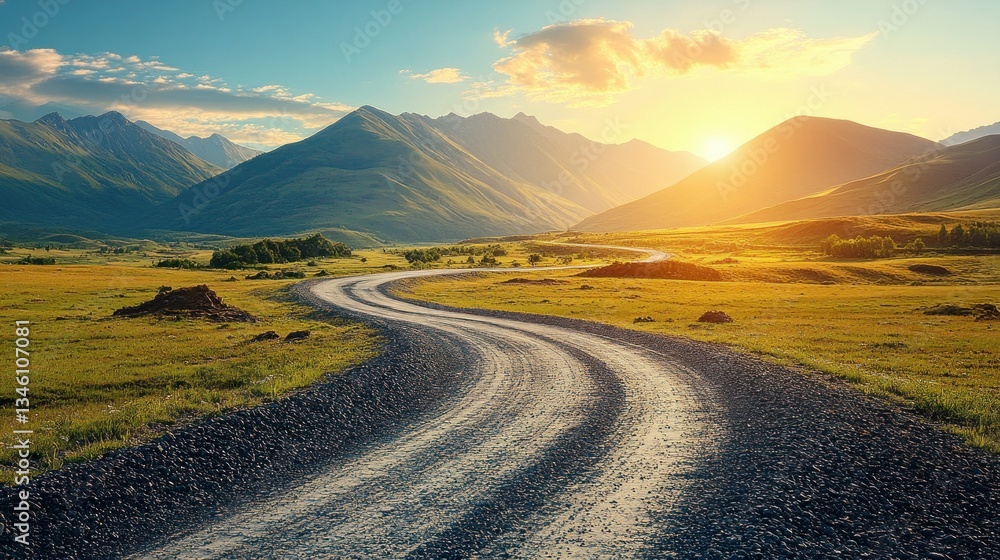 Fototapeta premium Scenic mountain road winding through a golden meadow at sunset