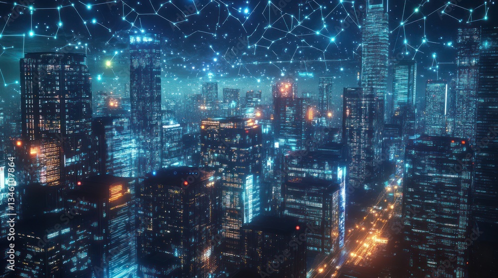Futuristic cityscape at night. Abstract network overlay. City lights. Aerial view. Suitable for tech/innovation, background, conceptual images Futuristic cityscape at night. Abstract network overlay. City lights. Aerial view. Suitable for tech/innovation, background, conceptual images