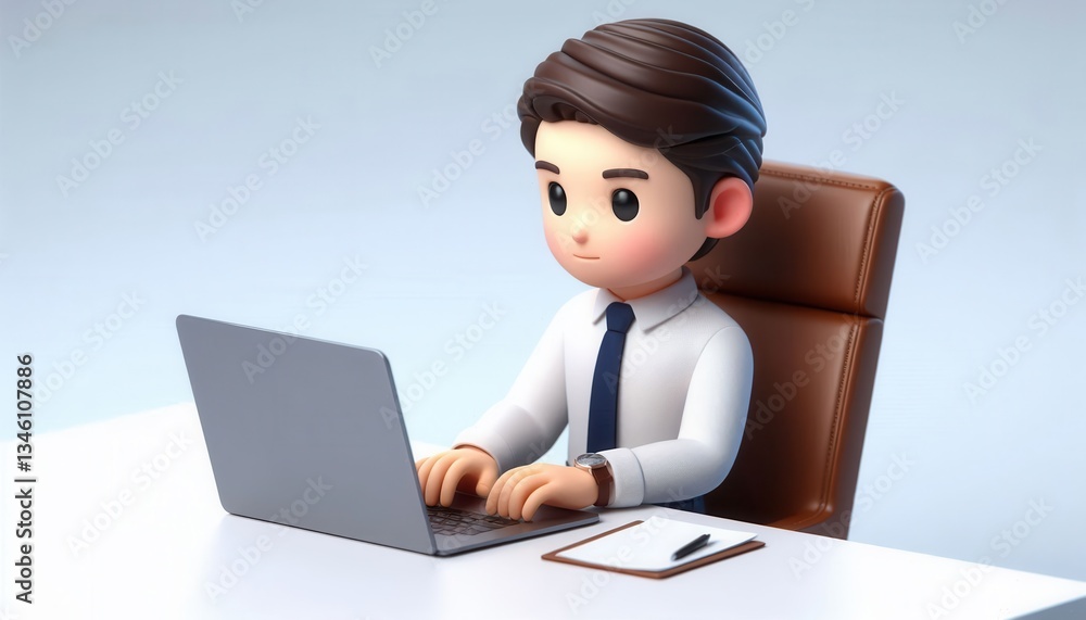 Office worker engaged in remote work home office 3d animation modern environment side view Office worker engaged in remote work home office 3d animation modern environment side view