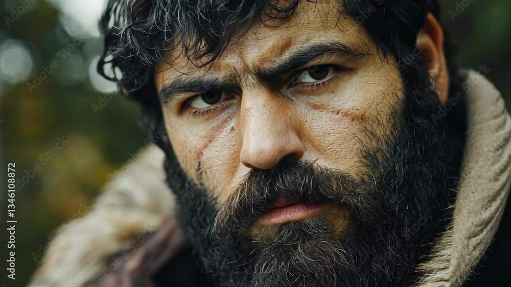 Portrait of a rugged man with a beard showcasing determination and strength in a forest setting during autumn Portrait of a rugged man with a beard showcasing determination and strength in a forest setting during autumn