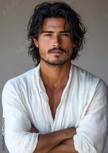 A man with a beard and long hair is wearing a white shirt