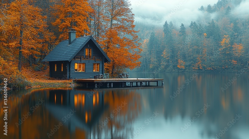 Obraz premium A Cozy Lake Cabin Surrounded by Autumn Colored Forest Trees