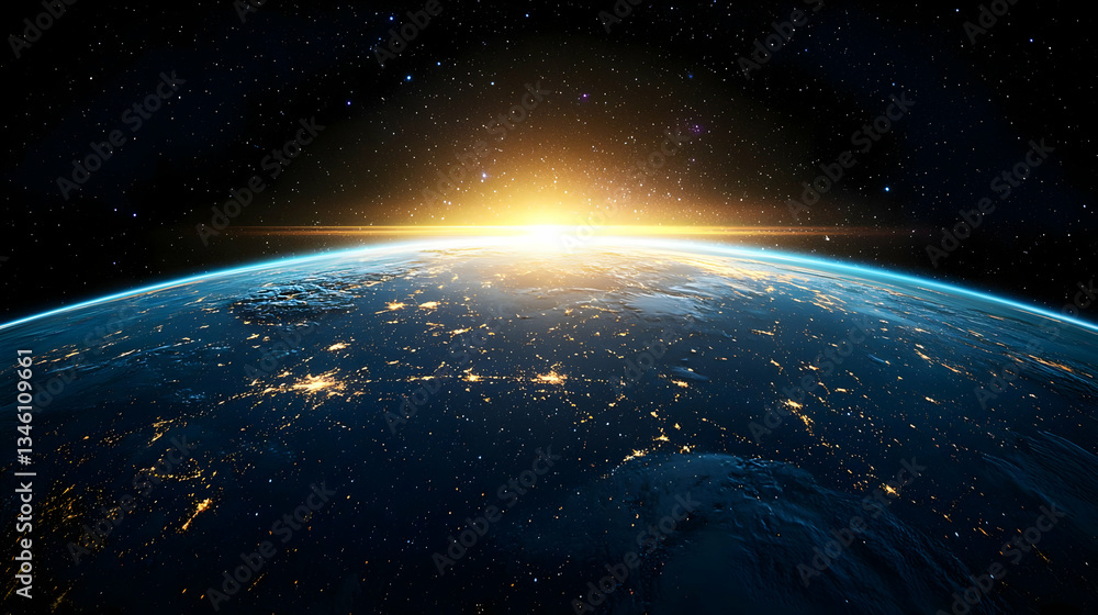 Fototapeta premium Earth Sunrise From Space With City Lights