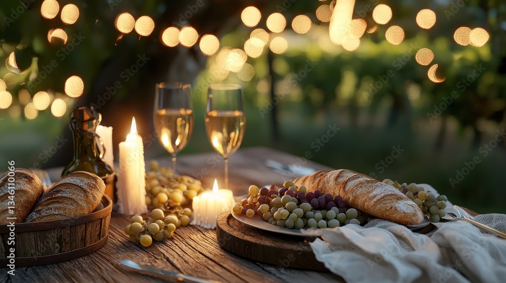 Obraz premium Romantic vineyard dinner: A picturesque evening with wine, bread, and grapes under fairy lights