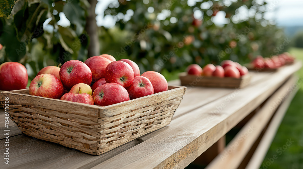 Fresh apples in baskets on wooden table in orchard, creating vibrant and inviting scene Fresh apples in baskets on wooden table in orchard, creating vibrant and inviting scene