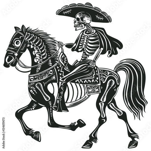 Vector illustration of Day of the Dead skeleton rider on decorated horse. Black and white Mexican folk art design featuring skeletal figure wearing sombrero.