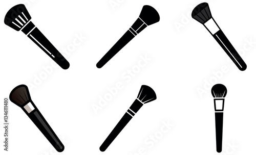 Simple black and white makeup brush illustrations for beauty and fashion design.