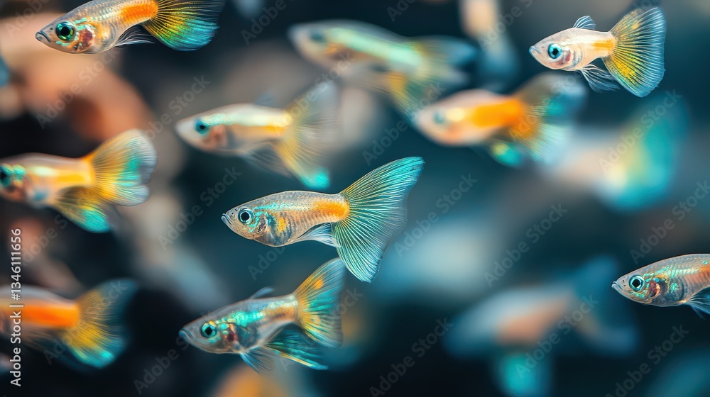 Fototapeta premium A mesmerizing close-up of a group of guppies displaying their iridescent tails.