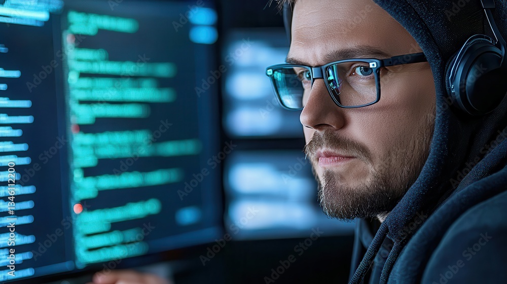 Cybersecurity phishing social engineering threats. Focused programmer analyzing code on dual monitors. Cybersecurity phishing social engineering threats. Focused programmer analyzing code on dual monitors.