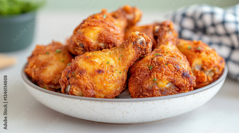 Crispy fried chicken drumsticks served plate, showcasing their golden texture and delicious Crispy fried chicken drumsticks served plate, showcasing their golden texture and delicious