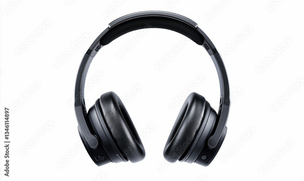 Close-up of sleek black over-ear wireless headphones with cushioned earcups, isolated on a clean white background. Close-up of sleek black over-ear wireless headphones with cushioned earcups, isolated on a clean white background.