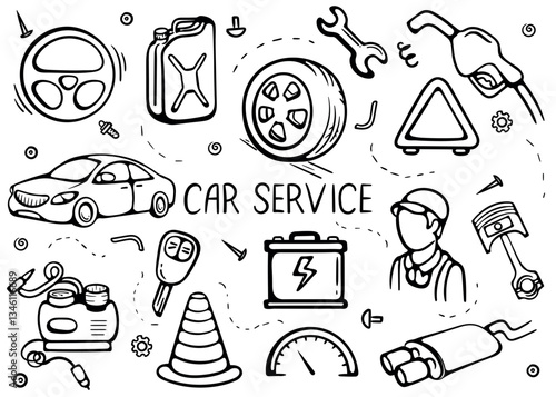 Black and white vector set of doodle illustrations on the automotive theme. Hand-drawn icons, signs and symbols. Elements for book design, stickers, coloring, prints