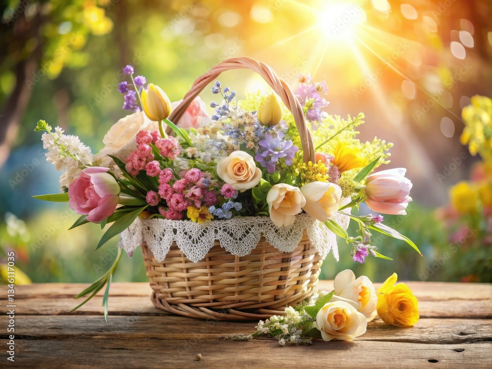 Delicate pastel blooms nestled in a rustic lace basket, a spring floral still life. Delicate pastel blooms nestled in a rustic lace basket, a spring floral still life.