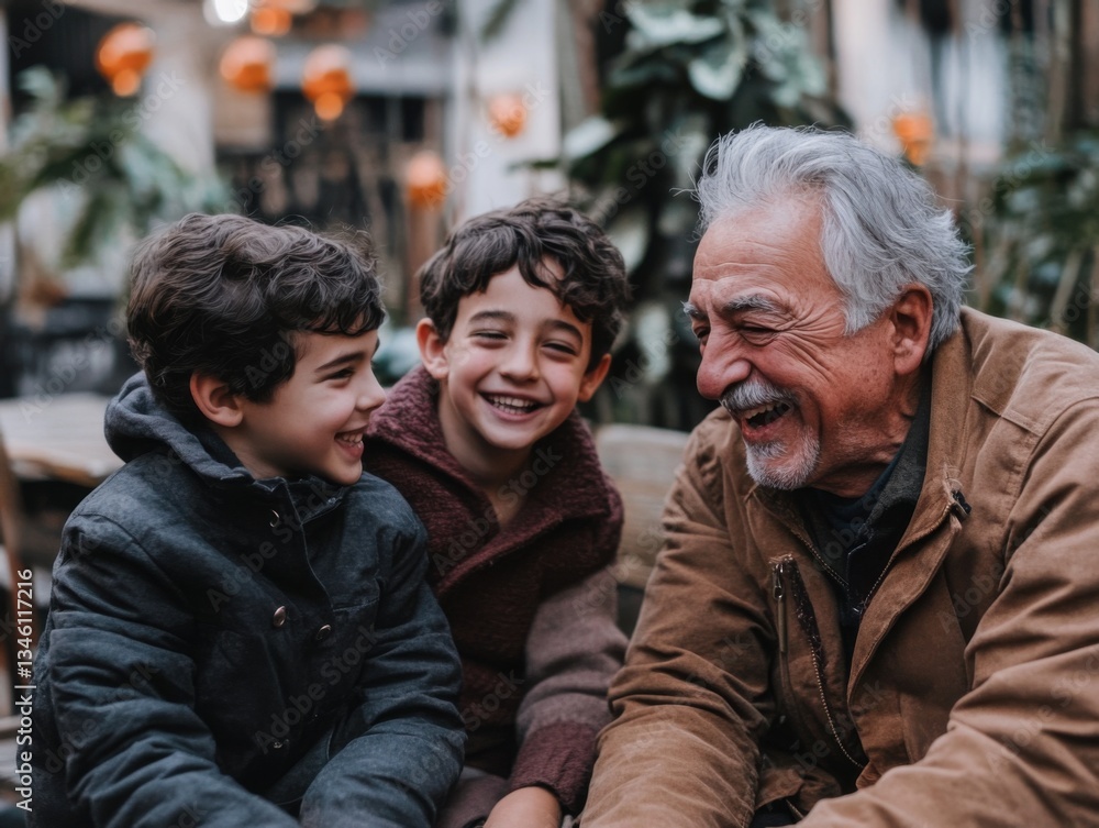Multigenerational family gathering with grandfather and children sharing laughter, creating a joyful and loving atmosphere Multigenerational family gathering with grandfather and children sharing laughter, creating a joyful and loving atmosphere