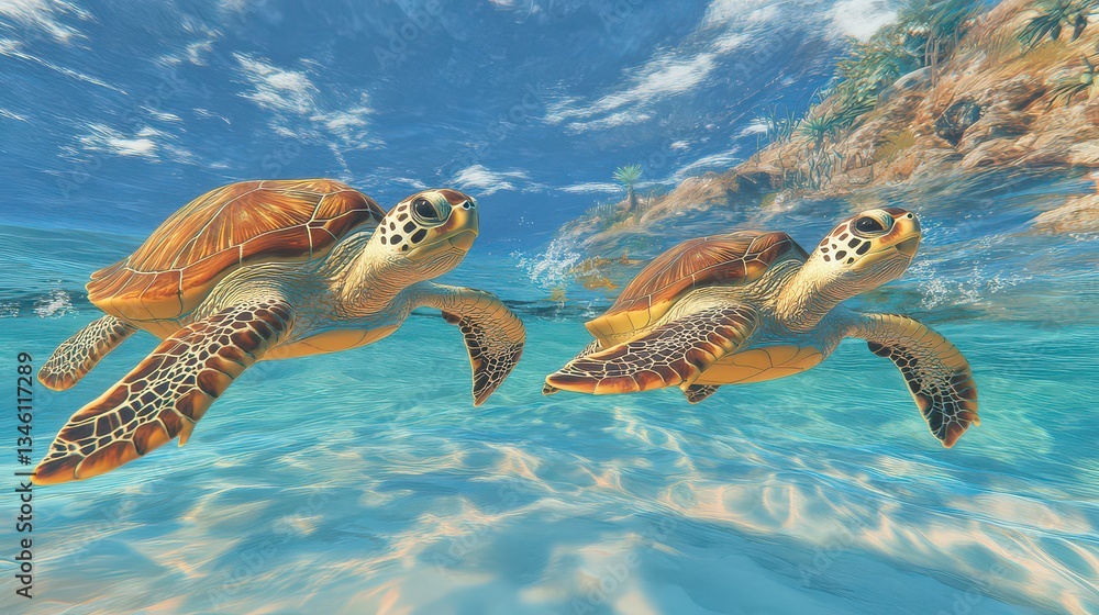 Obraz premium A peaceful ocean-themed VR exhibit with slow-moving sea turtles and soft lighting.