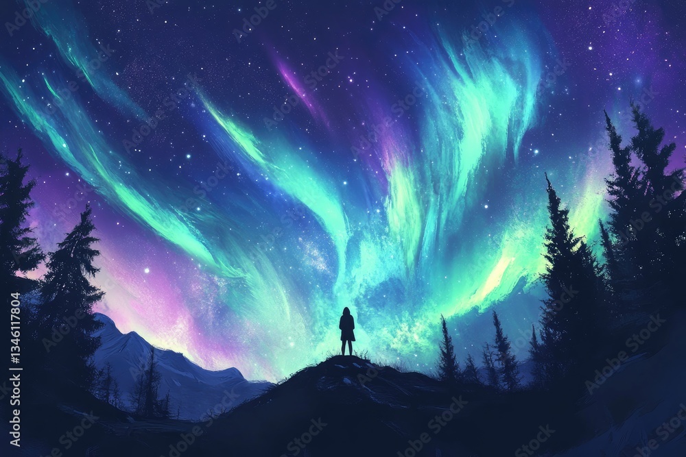Obraz premium Person gazing at vibrant aurora borealis