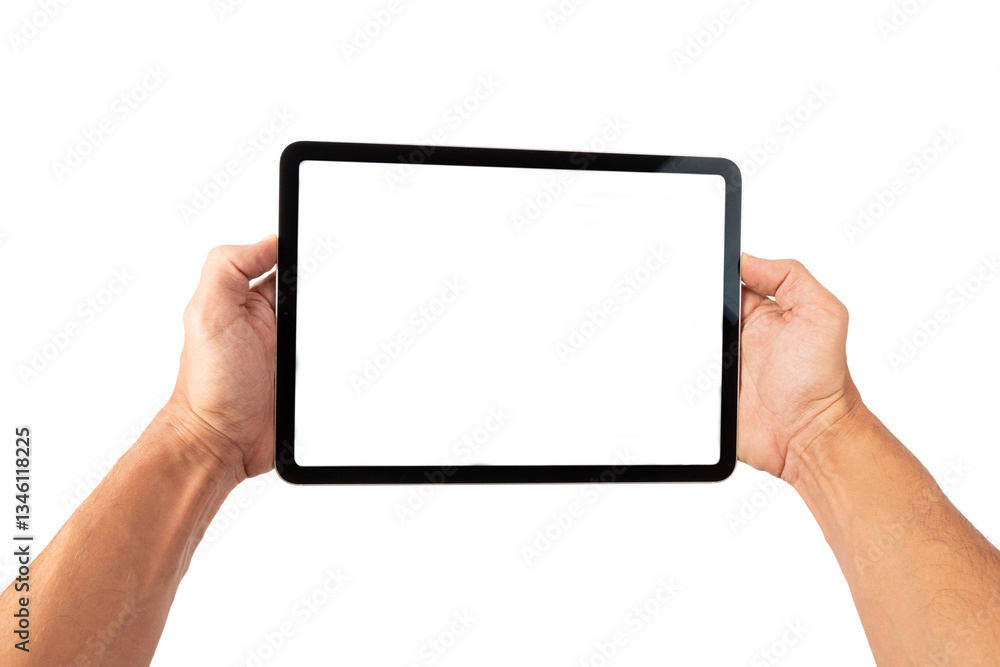 Male hands holding a digital touch screen tablet mockup isolated no background Male hands holding a digital touch screen tablet mockup isolated no background