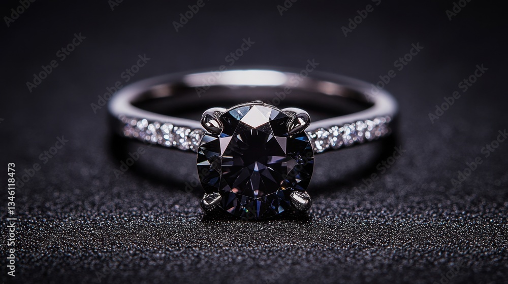 A black diamond ring with a unique design showcased on a rich black satin surface A black diamond ring with a unique design showcased on a rich black satin surface