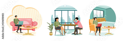 Man Working on Laptop. Discussion in a cafe. Businesswoman Working Remotely on Laptop.
