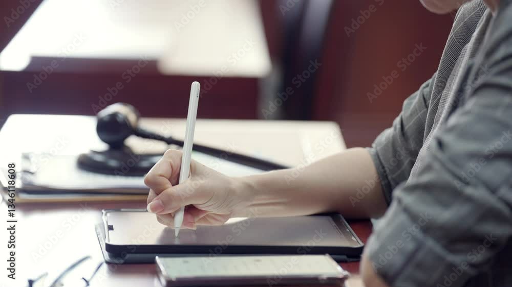 A person is using a tablet and a pen on a desk. The tablet is open to a document and the person is writing on it. The scene suggests a professional setting, possibly in a courtroom or office A person is using a tablet and a pen on a desk. The tablet is open to a document and the person is writing on it. The scene suggests a professional setting, possibly in a courtroom or office