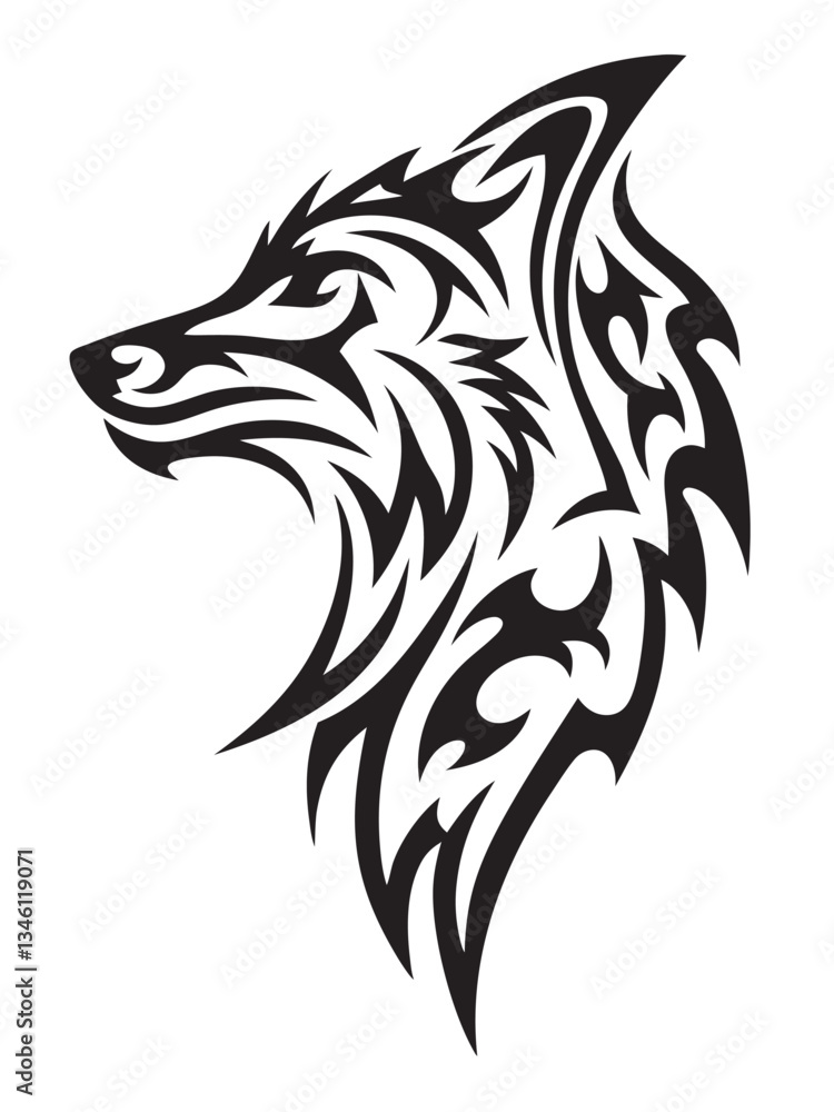 Obraz premium A black vector wolf head, a tribal symbol of wild predator