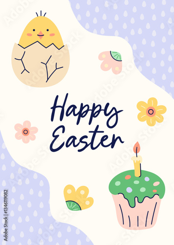 Happy Easter simple card with chicken, kulich and flower. Design with text on beige and purple background. Happy Easter hand drawn card. Flat illustration with partial outline. Vector illustration.
