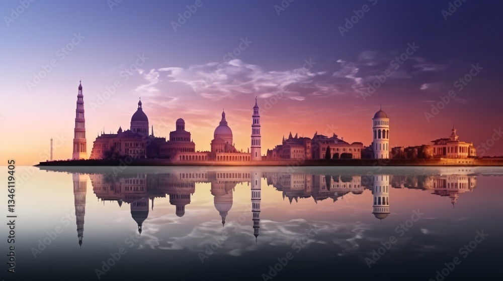 Serene Sunset Reflection of a Coastal City Skyline Serene Sunset Reflection of a Coastal City Skyline