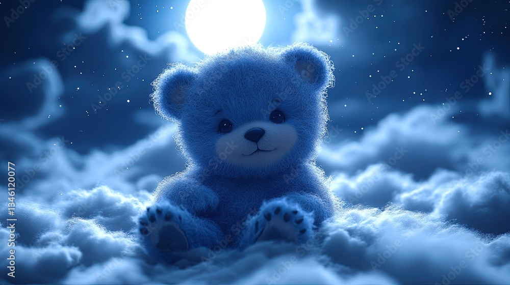 Plush blue bear sits atop fluffy clouds under a bright, shining moonlit sky Plush blue bear sits atop fluffy clouds under a bright, shining moonlit sky