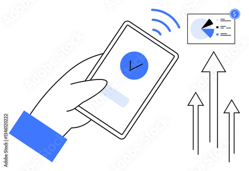 Hand using a mobile phone displaying a confirmed payment. Financial graph and rising arrows represent growth and success. Ideal for mobile banking, fintech, business growth, investment, technology