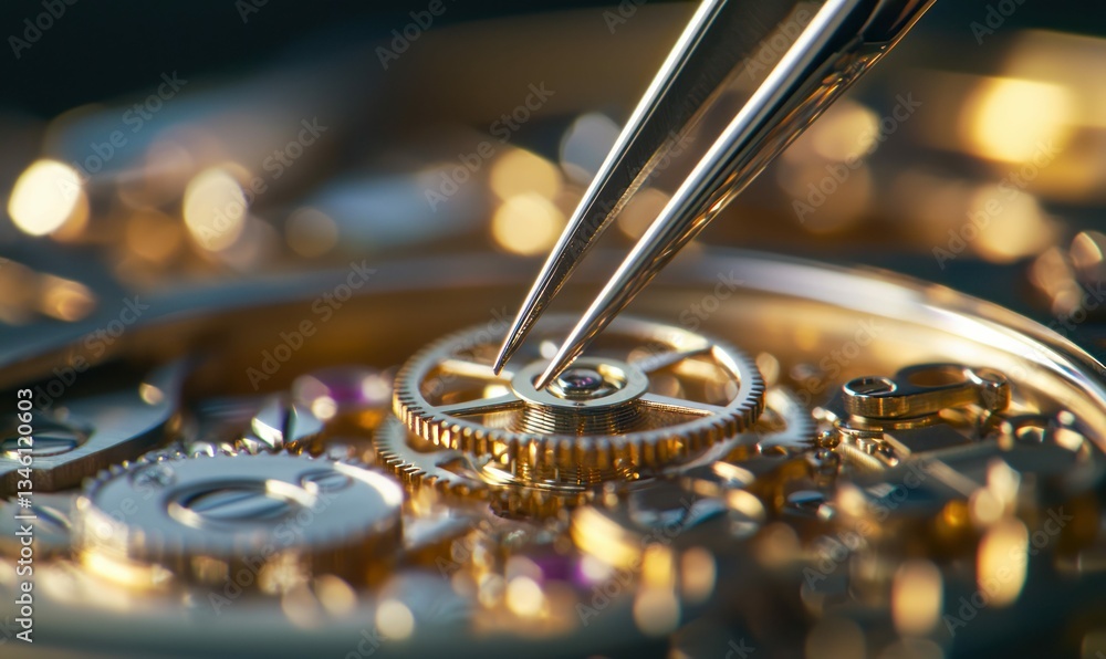 Golden gears are delicately assembled using tweezers, showcasing fine watchmaking and precision. Golden gears are delicately assembled using tweezers, showcasing fine watchmaking and precision.