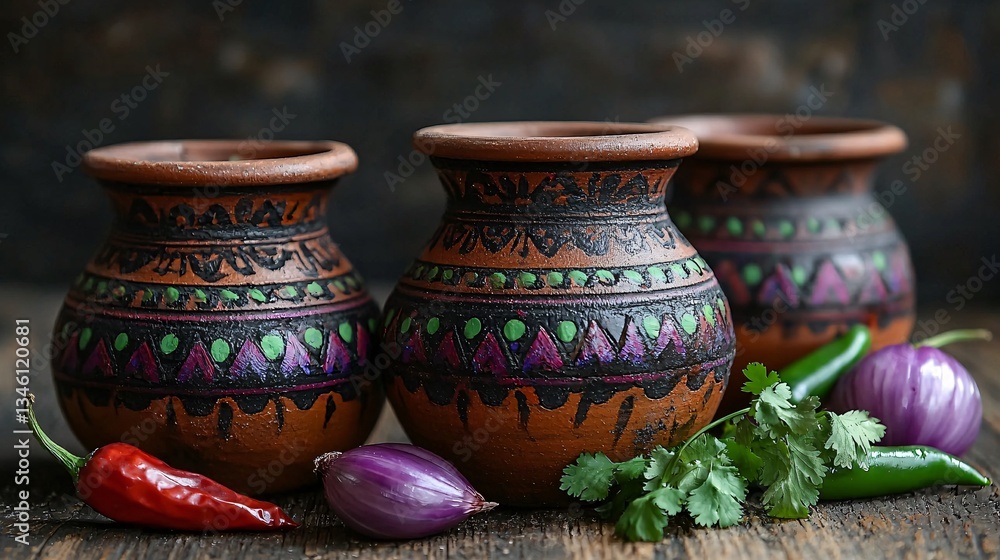 Colorful Clay Pots with Vegetables on Rustic Wooden Surface Colorful Clay Pots with Vegetables on Rustic Wooden Surface