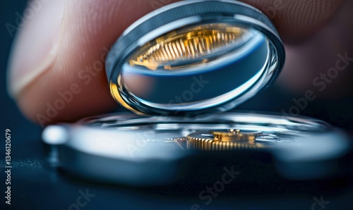 Close-up of a finger holding a watch ring, showcasing the complex internal mechanism and gears.