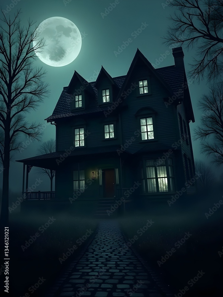 Haunted house with spooky windows. Concept of Halloween Haunted house with spooky windows. Concept of Halloween