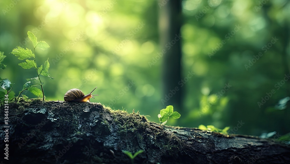 Obraz premium Snail on forest log, sunlit