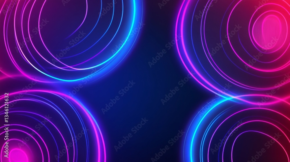 Naklejka premium Abstract background with neon blue and purple circles on a dark geometric pattern.
