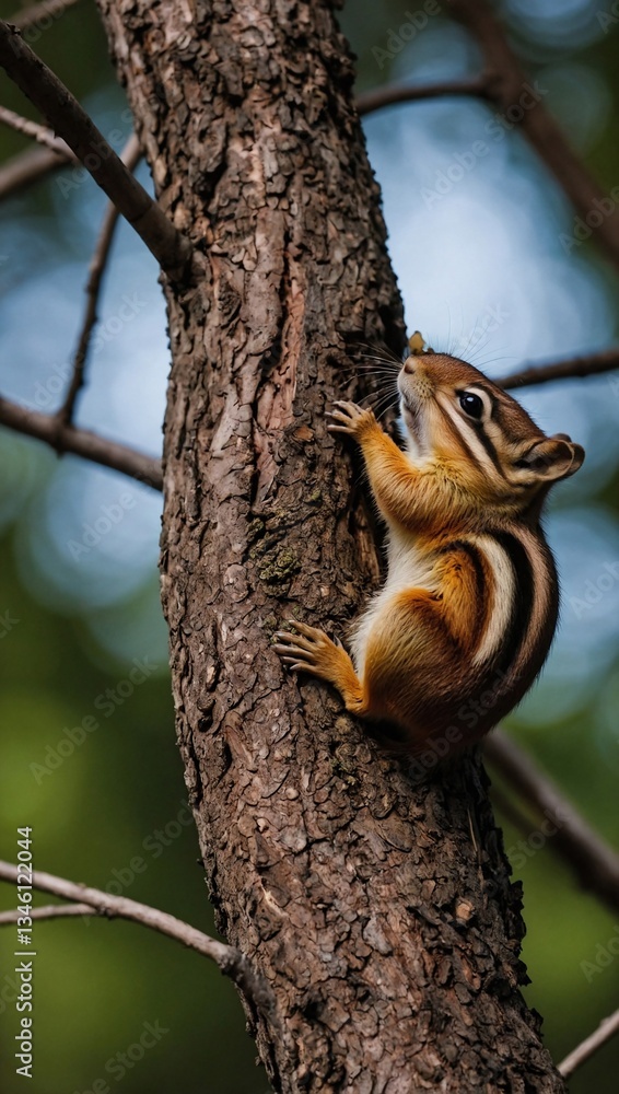 Chipmunk hanging on cedar fruit Chipmunk hanging on cedar fruit
