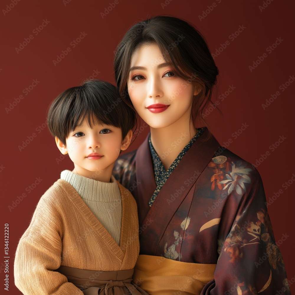 Elegant Japanese mother and child in traditional kimono portrait Elegant Japanese mother and child in traditional kimono portrait