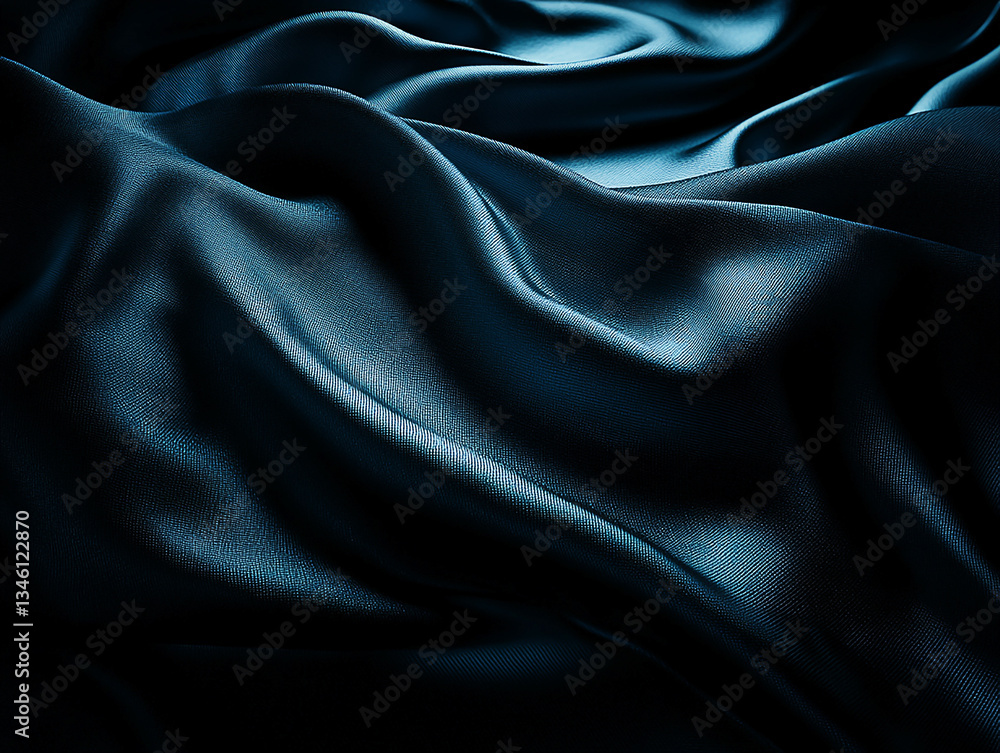 Fototapeta premium Smooth, flowing black satin fabric creating elegant ripples with soft light reflections