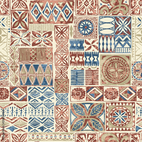 Polynesian style tribal tapa cloth elements patchwork wallpaper abstract vector seamless pattern for fabric wear shirt pillow tablecloth carpet 