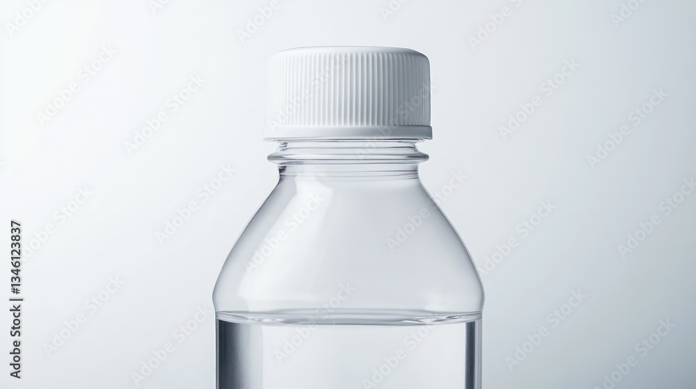 Close-up of a clear plastic bottle with a white cap, partially filled with liquid. Close-up of a clear plastic bottle with a white cap, partially filled with liquid.