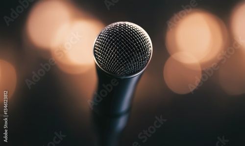 A microphone stands ready amidst soft bokeh lights, promising clear audio and captivating performances.