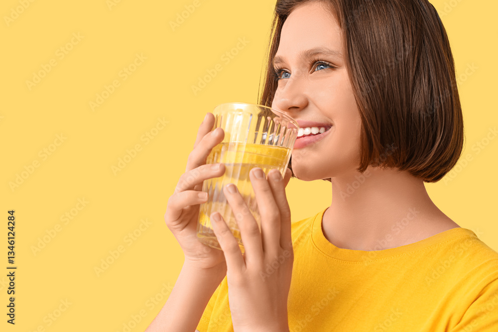 Pretty young woman drinking infused water on yellow background Pretty young woman drinking infused water on yellow background