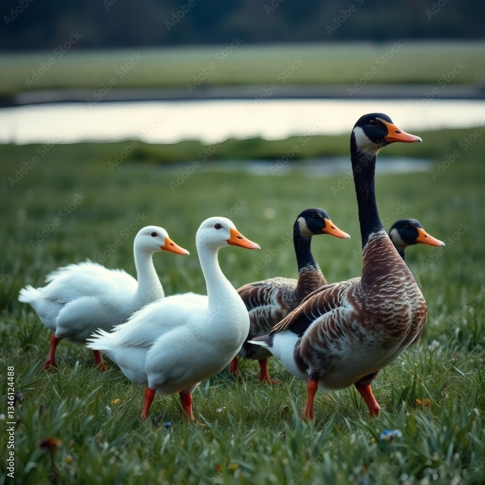 Obraz premium A family of ducks walking in a line through a grassy meadow, with a pond in the distance. by deepseek