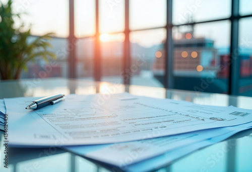Customs documents on a table with a shipping container in the background