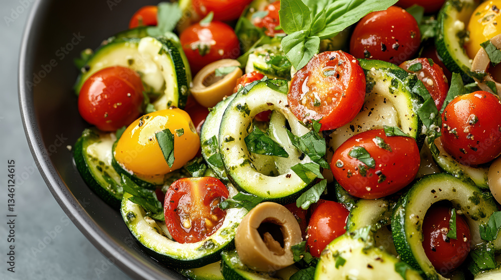 Fresh zucchini noodle salad with cherry tomatoes and herbs, vibrant and healthy dish Fresh zucchini noodle salad with cherry tomatoes and herbs, vibrant and healthy dish