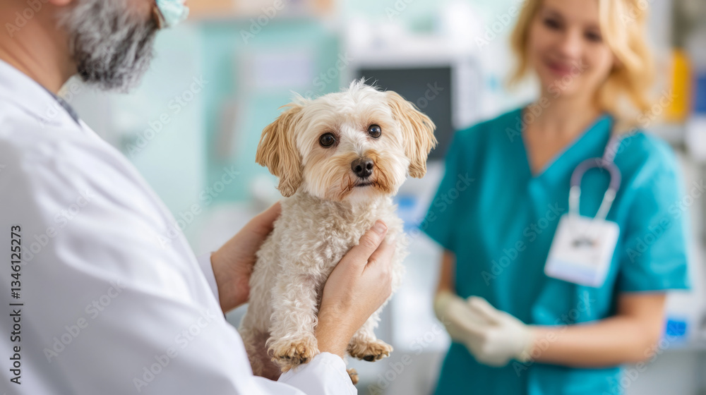 Concerned pet owner with veterinarian caring for dog during animal pain awareness month Concerned pet owner with veterinarian caring for dog during animal pain awareness month
