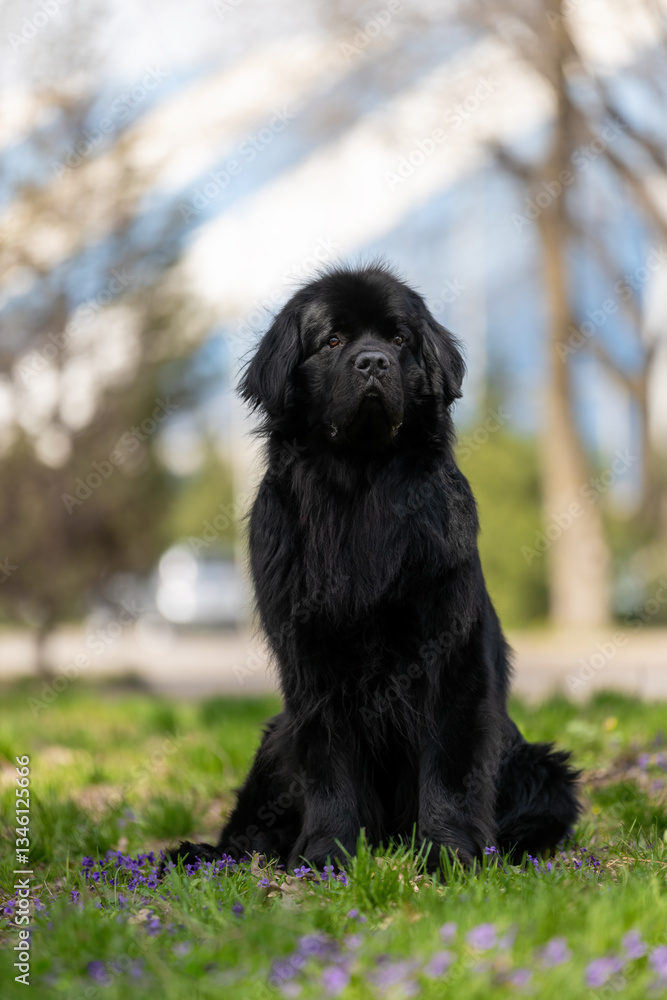 A majestic black Newfoundland dog sits calmly on a grassy field, surrounded by purple flowers, its thick fur shining. A majestic black Newfoundland dog sits calmly on a grassy field, surrounded by purple flowers, its thick fur shining.