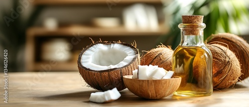 A customizable coconut oil bottle mock-up arranged neatly with a small bowl of coconut oil and a fresh coconut shell, on a warm wooden kitchen counter, professional food styling, isolated background